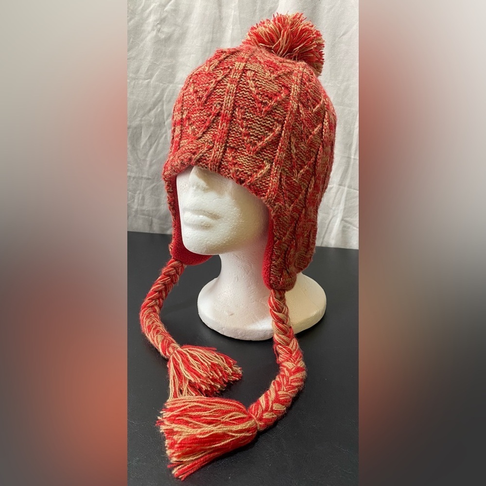 Woolrich Red & Tan Knit Beanie Hat with Pom Pom and Braided Tie. OSFA